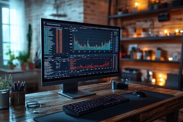 A computer monitor displaying stock market data and charts on a wooden desk in a home office.
