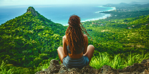 A woman sits on a rock overlooking a beautiful green forest and ocean