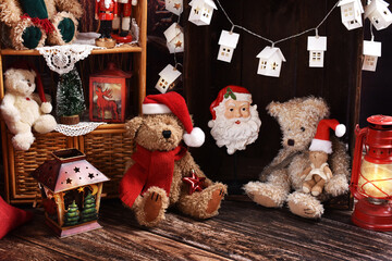 Christmas home decor with teddy bears in vintage style