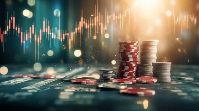 Casino floor bustling with activity, stock market indicators displayed prominently, blending gambling excitement with economic analysis insights