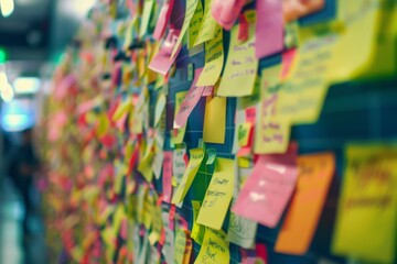 Fototapeta premium Post it notes on the wall with IT meeting in background