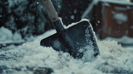 A person is shoveling fresh snow from a driveway during a snowfall in a tranquil neighborhood. The snow creates a winter wonderland ambiance as flakes continue to fall softly around them.