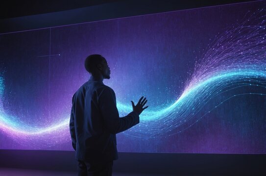 Silhouette of African American man reaching towards abstract digital data visualization