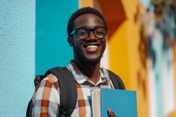 Joyful black male student with backpack holds books, his beaming smile portraying happiness and pride of academic success and love for learning, Generative AI