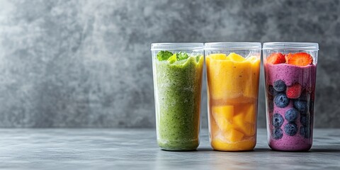 Fototapeta premium Three colorful smoothies in clear cups, showcasing vibrant green, orange, and purple blends against a textured background.