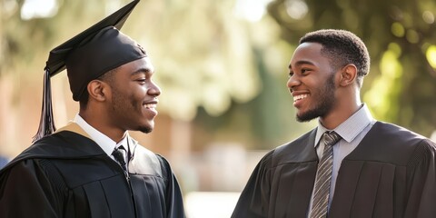 Fototapeta premium Two graduates celebrate their achievement in caps and gowns, sharing joyful smiles on a sunny outdoor campus.