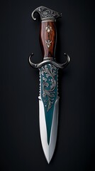 Ornate Engraved Dagger with Wooden Handle and Blue Inlay