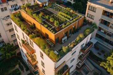 Aerial view of a rooftop garden on top of modern apartment building