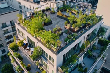Aerial view of a rooftop garden on top of modern apartment building