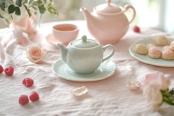 A serene tea setting with pastel colors. The scene features a mint green teapot and a soft pink teacup. Perfect for cozy moments or stylish gatherings. Generative AI