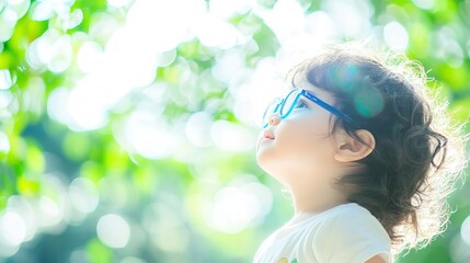 Fototapeta premium Young child wearing blue glasses focusing on distant tree outside window, symbolizing myopia prevention and importance of outdoor activities.