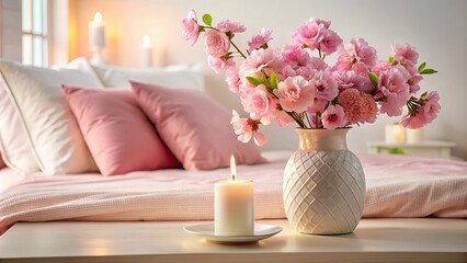 Delicate Pink Blossoms Adorn a Tabletop Beside a Softly Lit Candle in a Serene Bedroom
