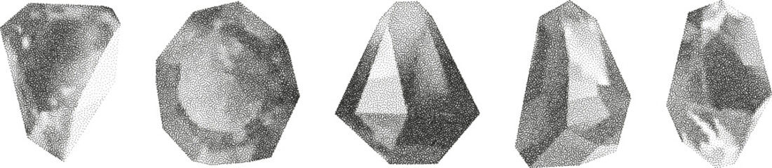 Cube, cylinder, triangle, rhombus with grainy dot texture.