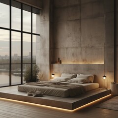 modern bedroom with a Neo Brutalism design, featuring rough concrete walls, a low platform bed with simple linens, and large floor-to-ceiling windows. The lighting is a mix of soft natural light 