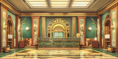 Obraz premium An art deco-influenced bank, incorporating bronze and gold details with hints of emerald green, evoking a luxurious ambiance.