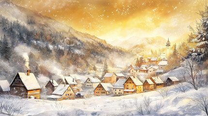 Snow-covered mountain village at sunrise in winter, watercolor