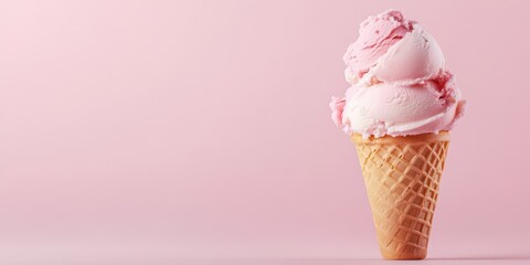 A delicious pink ice cream cone, perfect for summer treats and desserts, set against a soft pink background.
