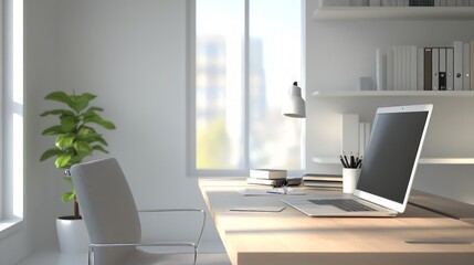 Virtual office scene featuring a well-organized bookcase, modern desk, and professional decor, ideal for remote work environments and online meetings.