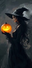 Witch Girl and Pumpkin Mysterious Halloween Portrait Theme image Neo Art HD Print v3