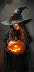 Witch Girl and Pumpkin Mysterious Halloween Portrait Theme image Neo Art HD Print v3