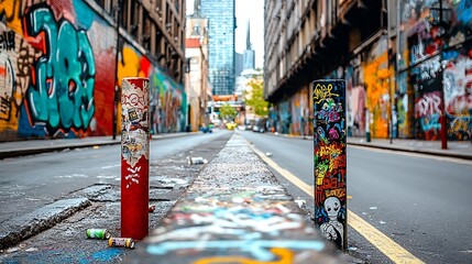 Fototapeta premium Colorful Graffiti Art on Street Posts in City Alleyway