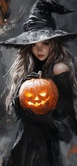 Witch Girl and Pumpkin Mysterious Halloween Portrait Theme image Neo Art HD Print v3
