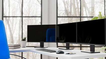 3D illustration: Black monitor and keyboard on white desktop in office , wild and window background