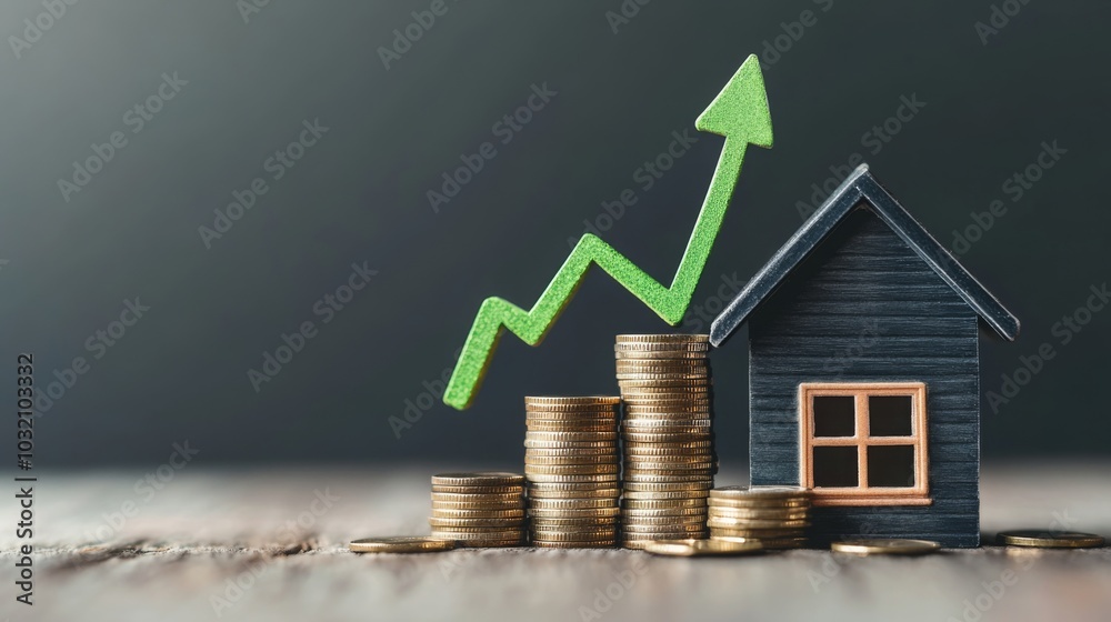 Poster a small model house sits beside a stack of gold coins. a green arrow points upward behind the house,