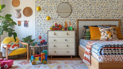 A whimsical children's bedroom featuring a blend of colorful modern furniture