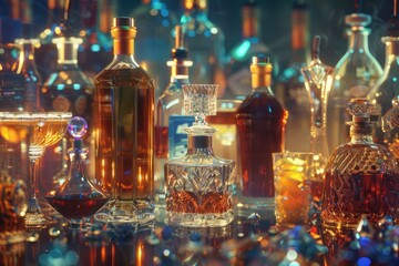 A collection of bottles sitting on a table, perfect for use as a prop in various scenes or settings