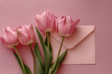 Fototapeta premium Pink tulips sit next to an envelope on a pink background