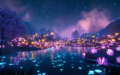 Obraz premium Wide-angle view of a vibrant fantasy city illuminated by bioluminescent plants, ethereal glow, night sky