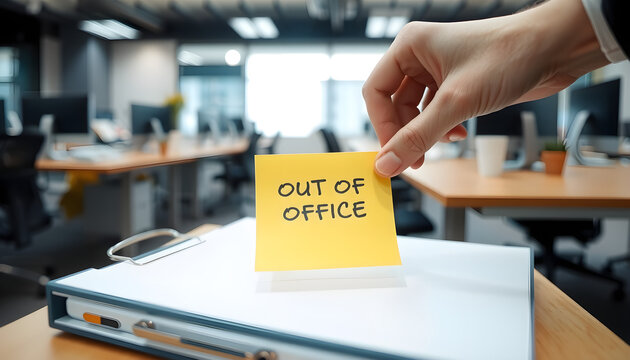 A person holding a yellow post-it note with the word "Out Of Office" written on it