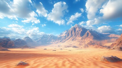 Naklejka premium Stunning desert scene created with AI showing barren dry terrain towering rocky mountains and a clear blue sky filled with scattered clouds symbolizing the effects of climate change