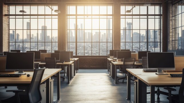 Office interior in industrial style. Bright open office space with rows of desks, computers, and floor-to-ceiling windows showcasing a city skyline during sunset.
