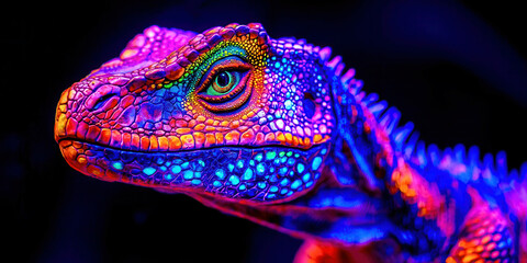 Obraz premium A colorful lizard with neon green eyes stares at the camera
