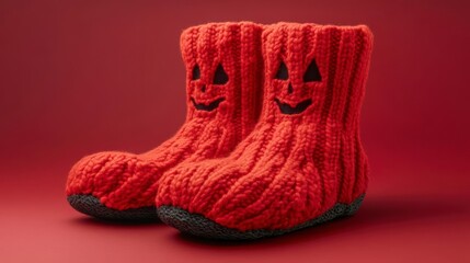 A pair of cozy knitted slippers with pumpkin faces
