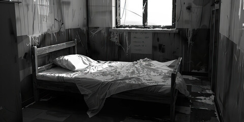 A grungy black-and-white image of a disheveled bed in a mental institution, emphasizing the lack of personal space.