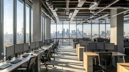 Office interior in industrial style. Sunlit open office space featuring large desks, computers, and expansive windows offering a panoramic view of a city skyline.
