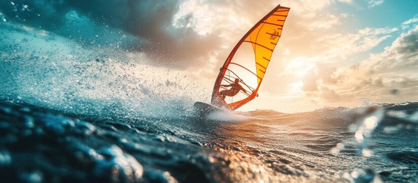 A windsurfer rides a wave in the ocean, the sun shining down on them.