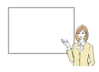 Simple illustration of an adult woman explaining on a whiteboard.