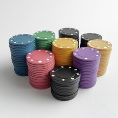 Stacks of colorful poker chips arranged in a semi-circle