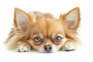 Obraz premium A small brown dog is lying on a white floor, waiting for attention