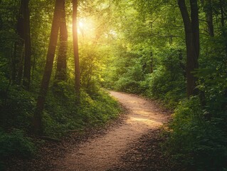 Fototapeta premium Peaceful forest path, Sunlit trail, Lush green woods, Nature walk at dawn, Quiet hiking route, Scenic natural beauty