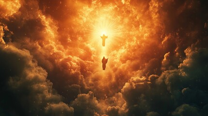 Obraz premium Ascension of Jesus Christ, heavenly light enveloping the figure, surrounded by soft clouds, representing divine elevation and spiritual significance in a serene atmosphere