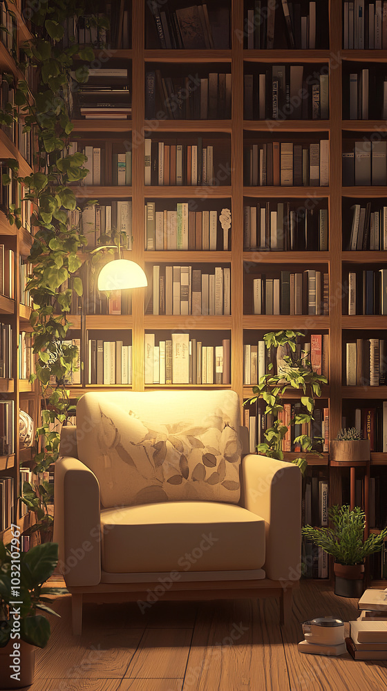 Poster Serene Library Corner with Cozy Chair and Stacks of Books  