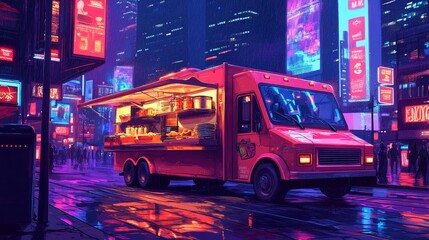 Obraz premium A futuristic food truck serving meals in plant-based biodegradable containers, set in a neon-lit urban cityscape, cyberpunk vibe, vivid colors, high-detail illustration
