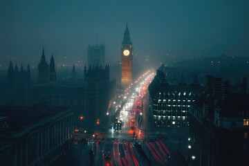 Foggy Night View of Big Ben in London