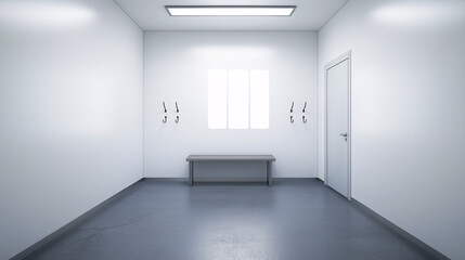 Fototapeta premium Minimalist entryway with a bench and hooks, surrounded by empty walls and open space for adding visual elements