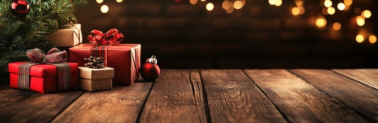 Wooden table with Christmas presents. Rustic festive holiday design. Banner.